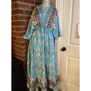 Silk Blend Boho Maxi Dress Paisley Kimono Sleeve Resort Free Size Zury